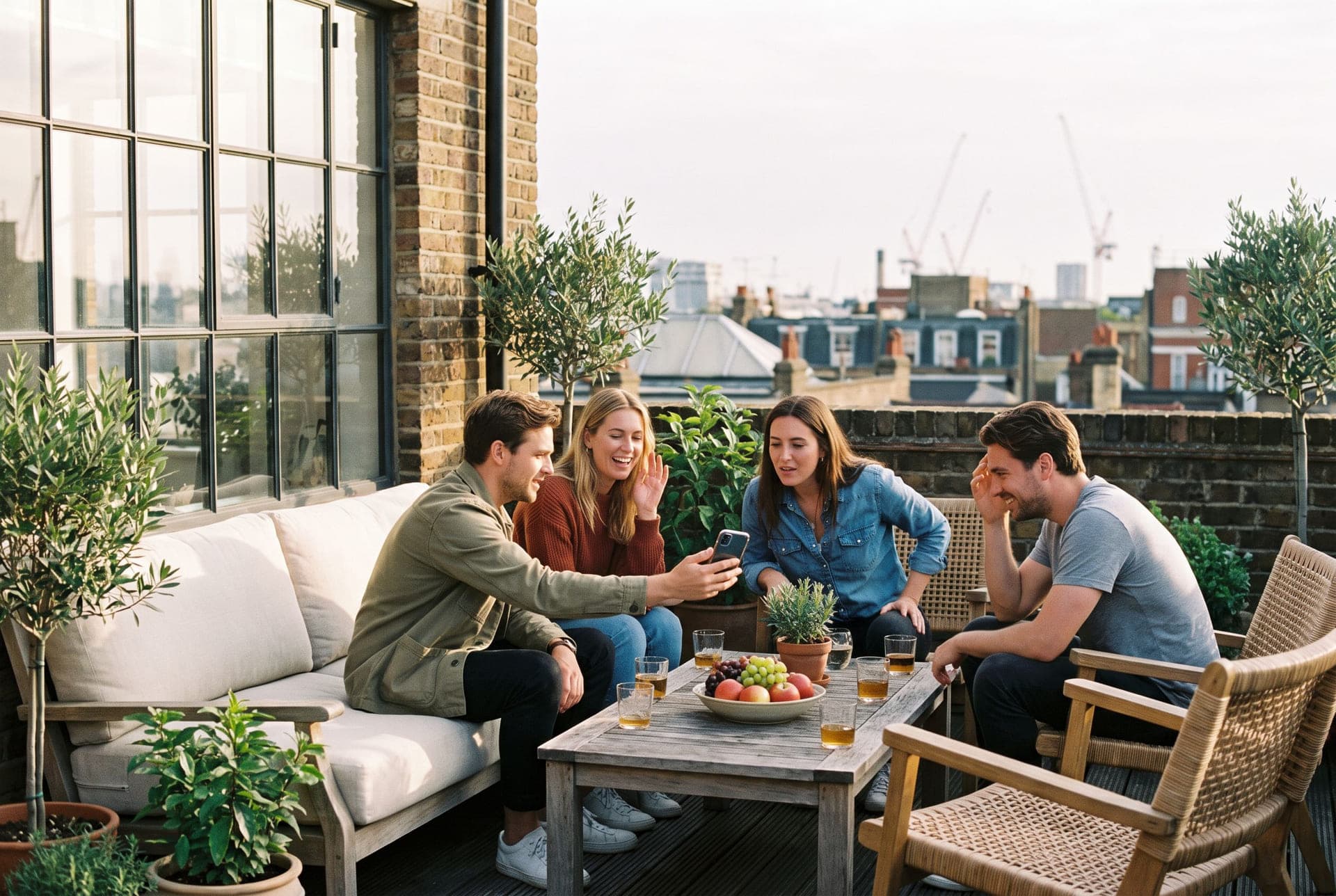 Four friends on a rooftop terrace in the late afternoon, one holding out a phone while the others laugh and argue over it.